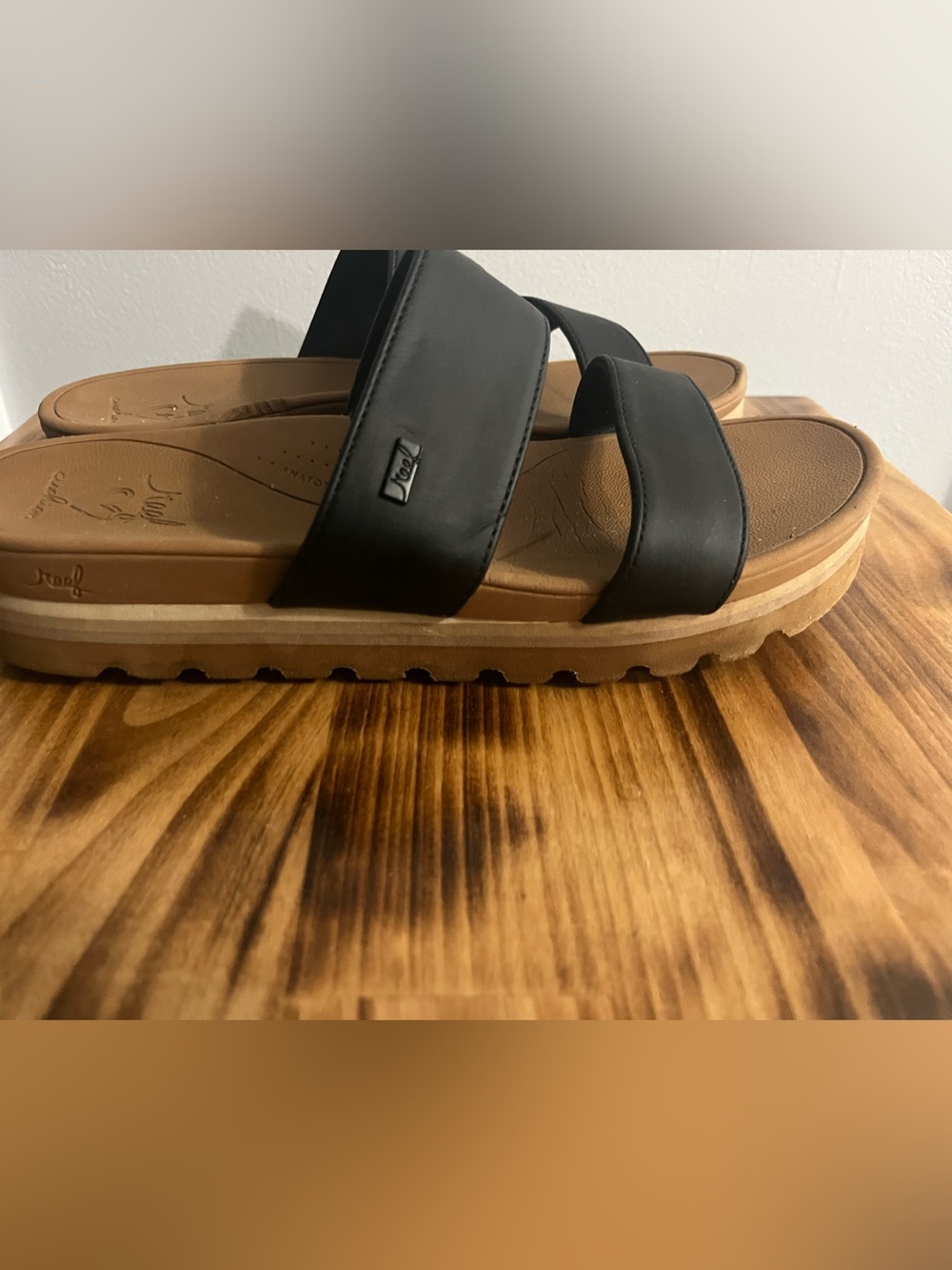 Reef Black and Tan Platform Slide Sandals